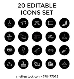 Hook icons. set of 20 editable outline hook icons such as boomerang, hanger, construction crane, fishing rod. best quality hook elements in trendy style.