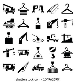 Hook icons. set of 25 editable filled hook icons such as hanger, construction crane, fishing rod, cargo crane, construction  crane