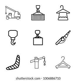 Hook icons. set of 9 editable outline hook icons such as boomerang, hanger, fishing rod