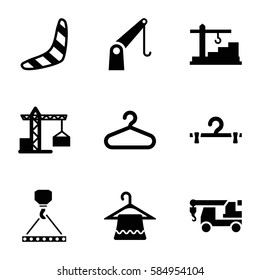 hook icons set. Set of 9 hook filled icons such as construction crane, boomerang, hanger, cargo crane