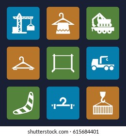 Hook icons set. set of 9 hook filled icons such as construction crane, boomerang, hanger