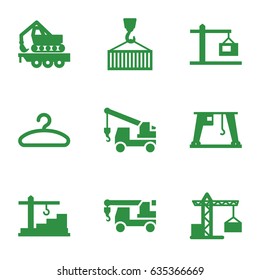 Hook icons set. set of 9 hook filled icons such as construction crane, cargo crane, hanger