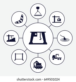 Hook icons set. set of 9 hook filled icons such as boomerang, hanger, cargo crane, construction  crane