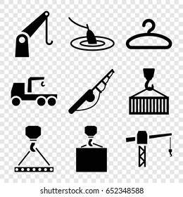 Hook icons set. set of 9 hook filled icons such as construction crane, cargo crane, hanger, fishing