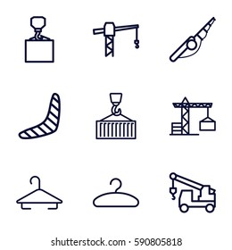 hook icons set. Set of 9 hook outline icons such as construction crane, boomerang, hanger