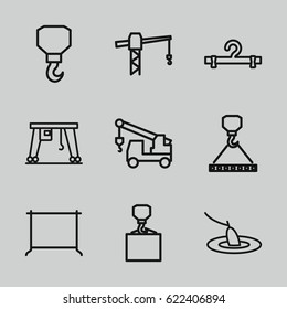 Hook icons set. set of 9 hook outline icons such as hanger, construction crane, cargo crane