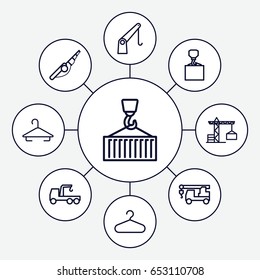 Hook icons set. set of 9 hook outline icons such as construction crane, hanger, cargo crane