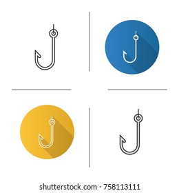 Hook icons set. Flat design, linear, black and color styles. Fishhook. Angling equipment. Isolated vector illustrations