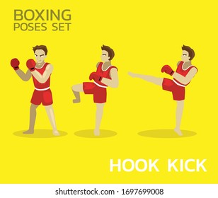Hook Kick Manga Boxing Poses Set Man Cartoon Vector Illustration