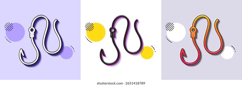 Ícone de linha de gancho. Padrão pontilhado de meio-tom. Ícone de gradiente com sombra de grão. Sinal de equipamento de pesca. Símbolo de anzol de peixe de captura. Ícone de gancho de linha. Vários desenhos. Vetor