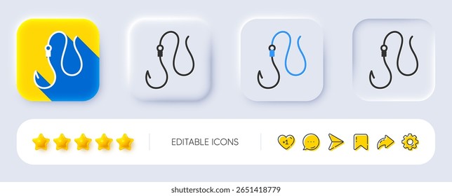 Hook line icon. Neumorphic, Flat shadow, 3d buttons. Fishing tackle sign. Catching fish fishhook symbol. Line hook icon. Social media icons. Vector