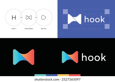 Marcas de logotipo gancho - Um design de logotipo moderno e versátil com um ícone de gancho elegante, perfeito para marcas em pesca, hardware ou indústrias criativas. Linhas limpas e estética arrojada.