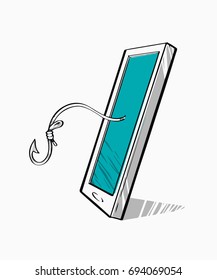 A hook from mobile phone screen, trap from internet concept. 