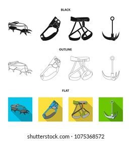 Hook, mountaineer harness, insurance and other equipment.Mountaineering set collection icons in black,flat,outline style vector symbol stock illustration web.