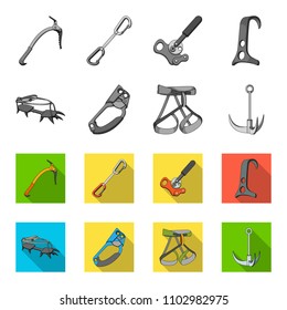 Hook, mountaineer harness, insurance and other equipment.Mountaineering set collection icons in monochrome,flat style vector symbol stock illustration web.