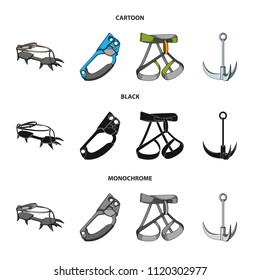 Hook, mountaineer harness, insurance and other equipment.Mountaineering set collection icons in cartoon,black,monochrome style vector symbol stock illustration web.