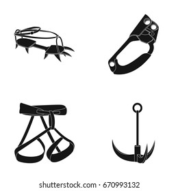 Hook, mountaineer harness, insurance and other equipment.Mountaineering set collection icons in black style vector symbol stock illustration web.