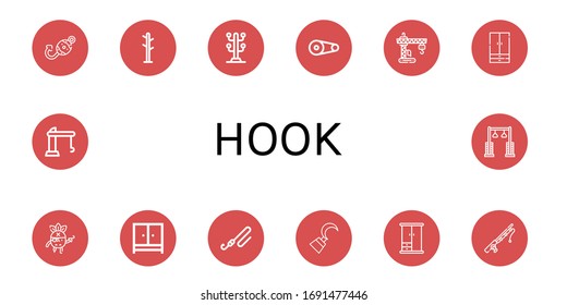 hook simple icons set. Contains such icons as Fish hook, Coat rack, Coat stand, Pulley, Crane, Wardrobe, Pirate, Fishing rod, Hook, can be used for web, mobile and logo