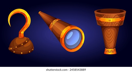 hook; spyglass; attributes; pirates; illustration; cartoon; vector; design; icon; graphic; clipart; blue; brown; sign; button; iron; progress; sharp; prosthesis; corsair; wooden cup