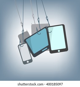 hook with tablet, mobile and smart-phone, for chasing Pursue technology concept, illustration in flat design