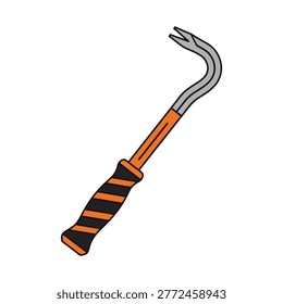 The hook tool has an orange and black striped handle with a silver metal prong at the end, on a white background, resembling a claw or pick.