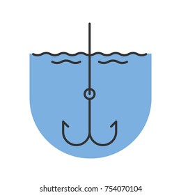 Hook in water color icon. Fishhook. Angling equipment. Isolated vector illustration