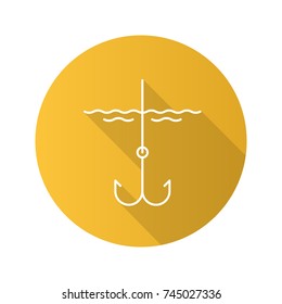 Hook in water flat design long shadow glyph icon. Fishhook. Angling equipment. Vector silhouette illustration