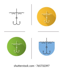Hook in water icon. Flat design, linear and color styles. Fishhook. Angling equipment. Isolated vector illustrations