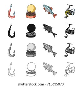 Hook with a worm, bait for fishing, rudd, spinning reel. Fishing set collection icons in cartoon black monochrome outline style vector symbol stock illustration web.