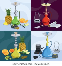 Hookah 2x2 design concept with accessories for smoking and exotic fruits flat color vector illustration