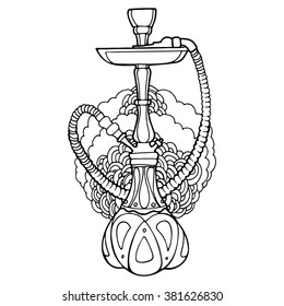 Hookah with abstract ornament on background, decorative contour, outline drawing.