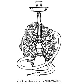Hookah with abstract ornament on background, decorative contour, outline drawing.