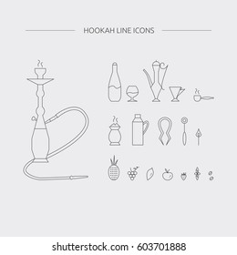 Hookah accessories line icons. Hookah lounge supplies. 
