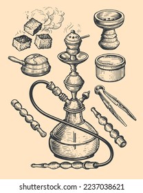 Hookah and accessories sketch. Shisha, tobacco, tongs, charcoal. Hand drawn vintage vector illustration