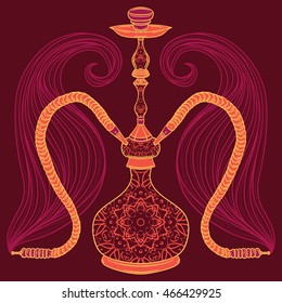 Hookah with arabic pattern and smoke. Vintage vector hand drawn illustration