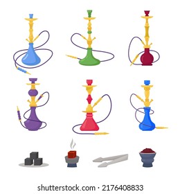 Hookah. auténticos dispositivos arabios para fumar narguile adicción a los símbolos orientales. Plantillas de vectores