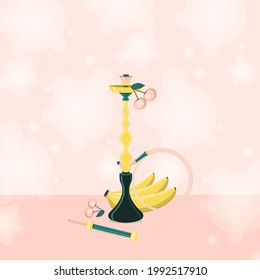 Hookah con banana y cereza con humo.  Ilustración vectorial plana.