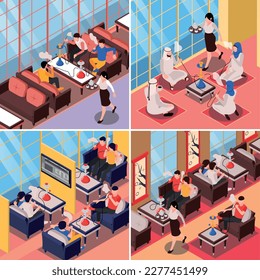 Hookah bar 2x2 concepto de diseño conjunto de interiores de bar salón con personas fumando hookah ilustración vectorial isométrica