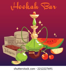 Hookah bar card or poster design, flat vector illustration. Hookah or smoking lounge bar advertising banner backdrop or poster template in bright colors.