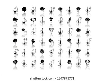 Hookah bar drop shadow black glyph icons set. Sheesha house. Nargile lounge. Odor from pipe. Scent of vaporizing. Smoking area. Fragrance emblem. Isolated vector illustrations on white space