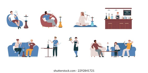 Barra de hookah conjunto de iconos planos chicos y chicas sentados en sofás meseros trabajar detrás de la ilustración vectorial de la barra