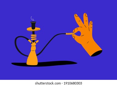 Hookah bar. Hand holds a gold Shisha. Magic concept of shisha smoking. Flat Vector illustration.