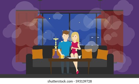 Hookah bar interior. Alcohol drinks. Young couple relax and smoke.