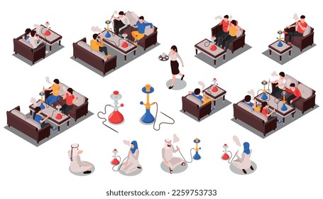 Hookah bar isometric set of people relaxing in restaurant and smoking hookah isolated vector illustration