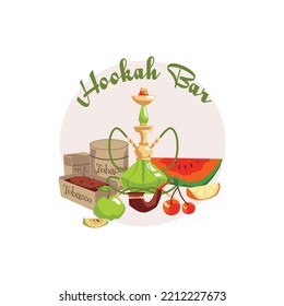 Hookah bar logo template, flat vector illustration isolated on white background. Shisha or waterpipe with tobacco boxes and fresh fruits for flavoring. Watermelon, cherry and apple.