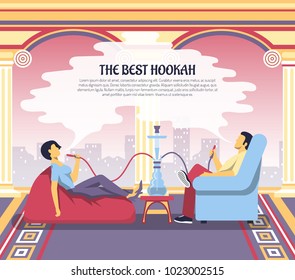 Hookah bar lounge with islamic decor elements and two relaxing visitors smoking water pipe shisha vector illustration 