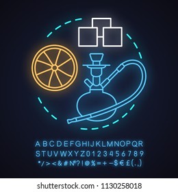 Hookah bar neon light concept icon. Nargile idea. Hookah tradition. Glowing sign with alphabet, numbers and symbols. Vector isolated illustration