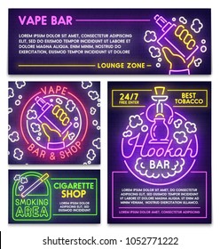 Hookah Bar Poster, Flyer und Banner Vorlage. Stilzeichen neon. Vape-Logo, Emblem und Etikett. Hookah Pub. Helle Signatur, heller Banner. Vektorgrafik.