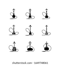 Hookah black glyph icons set on white space. Shisha with wire. Sheesha house. Nargile lounge. Odor from pipe. Scent of vaporizing. Smoking area. Silhouette symbols. Vector isolated illustration
