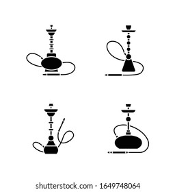 Hookah black glyph icons set on white space. Amusement with friends. Sheesha house. Nargile lounge. Odor from pipe. Scent of vaporizing. Smoking area. Silhouette symbols. Vector isolated illustration